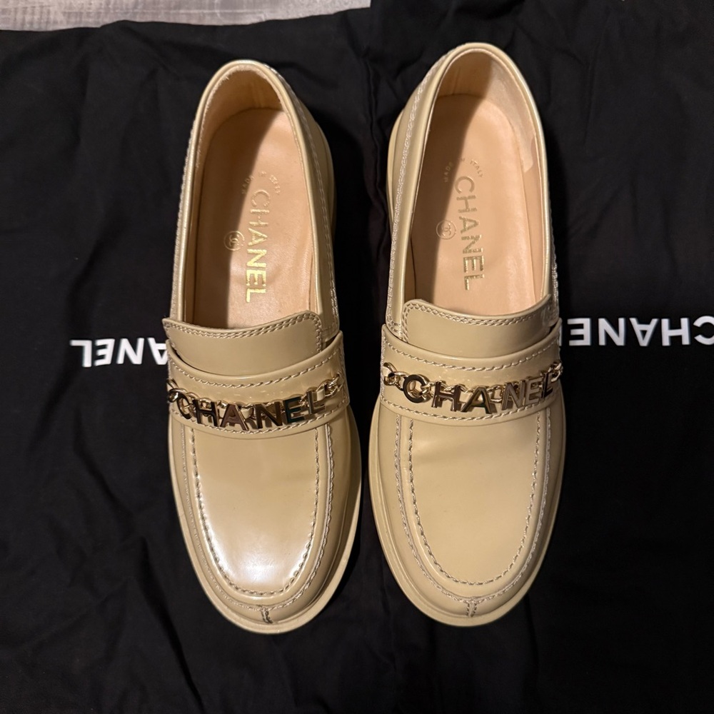 Chanel Shiny Calfskin Logo Loafers